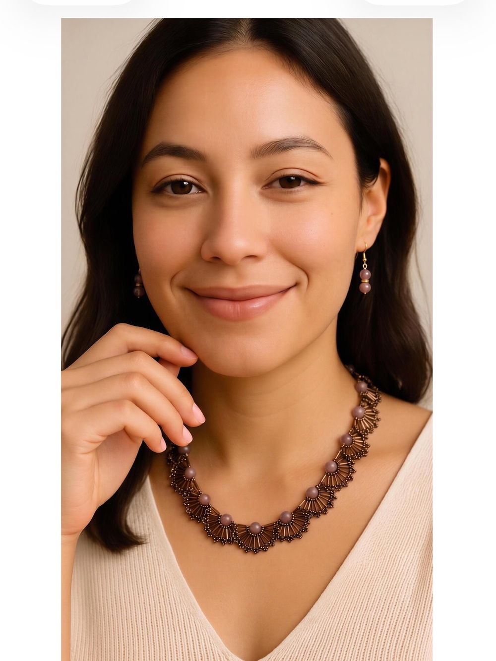 Radiant Gold-Tone Necklace with bronze Beige Stone Accents